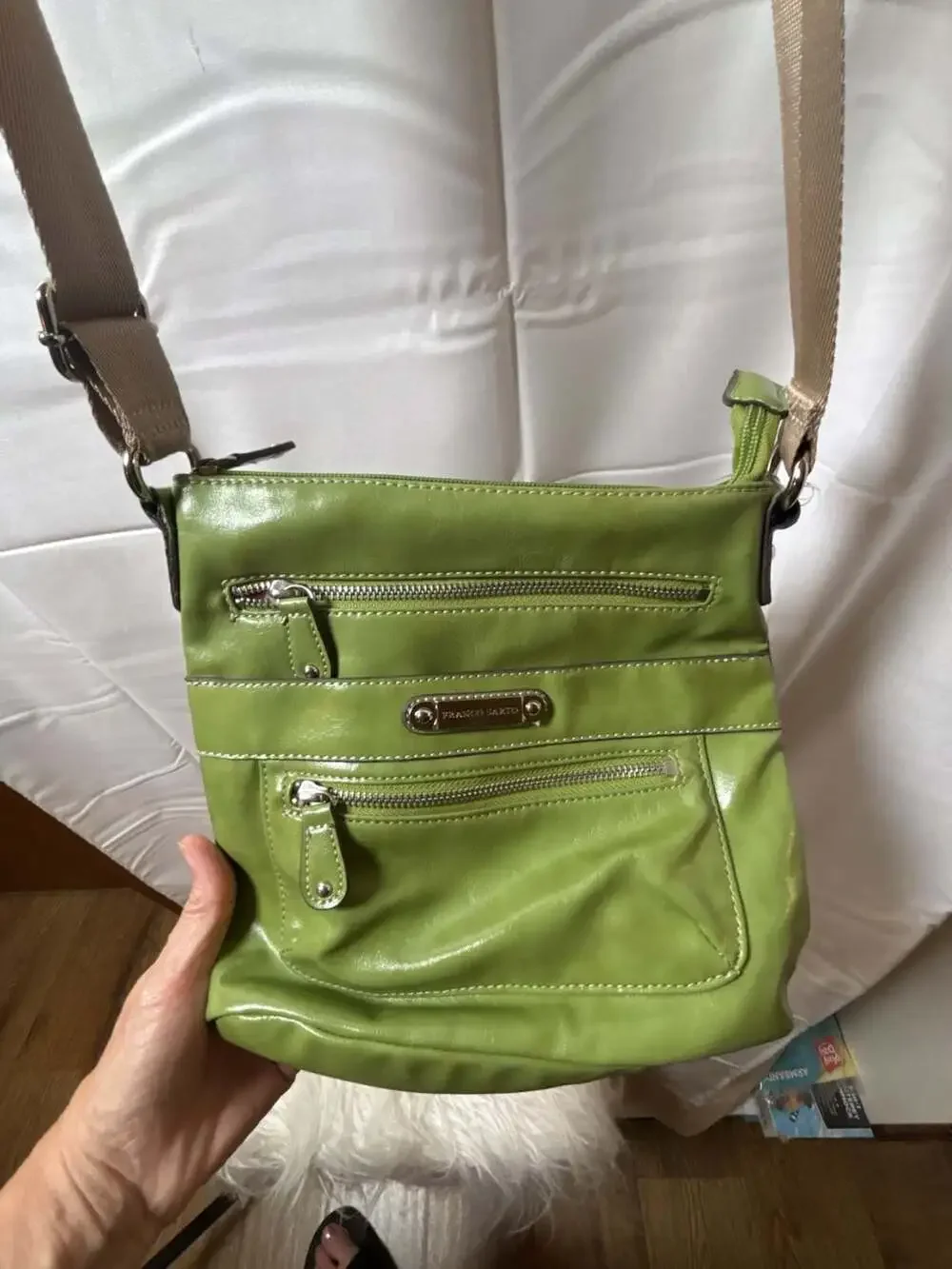 Franco Sarto Green Faux Leather Multi-Pocket Crossbody Bag with Polka Dot Interi